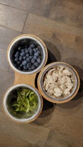 Bols de manger spécialisé pour fennecs, avec notamment de la viande blanche de poulet et bleuets.